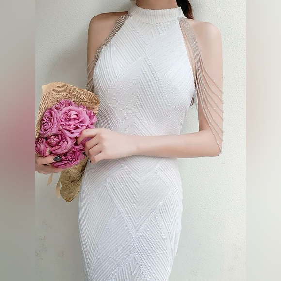 [SOLD] White Beaded Formal Dress Sequin Mermaid Cocktail Dress - Picture 1 of 11